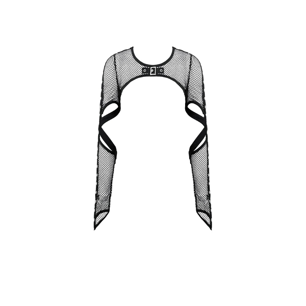 Dark in Love - TechPunk Elastic Mesh Shrug with Metallic Buckle and Lattice Cutout Sleeves Bolero - Black